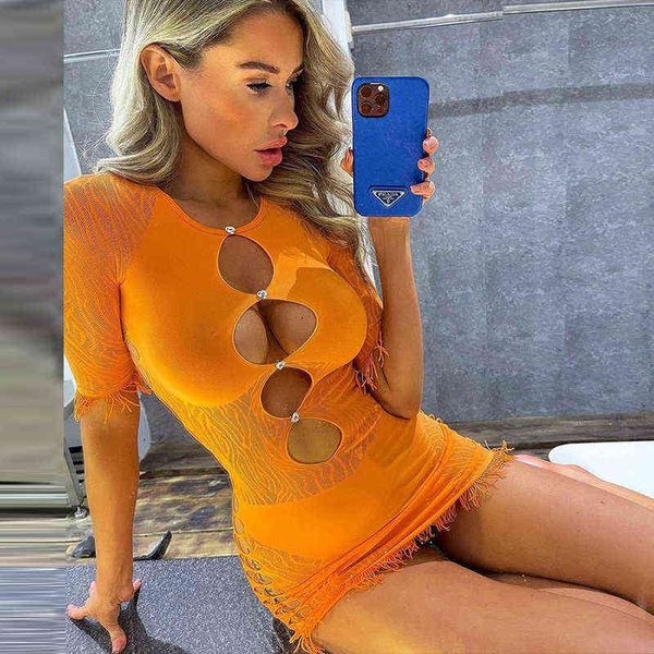 Kadın Tie-Up Kısa Kollu Mini Elbiseler Moda Sıcak Kız Perspektif İnce Elbise Seksi O-Boyun Püskül Bodycon Parti Elbise Y1204