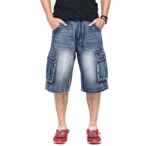 

summer jeans shorts men denim pants loose straight big pocket baggy streetwear hip hop brand blue jean short size 30 - 46 men's