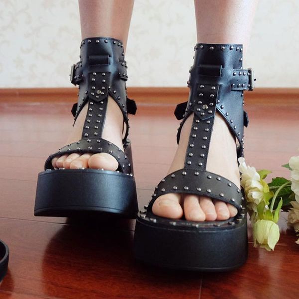 

summer harajuku thick bottom big head sandals japanese korean style high-rivets wedge heel roman muffin shoes, Black