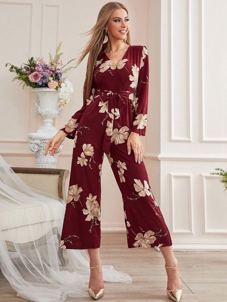 

floral print belted wide leg jumpsuit e1bm#, White