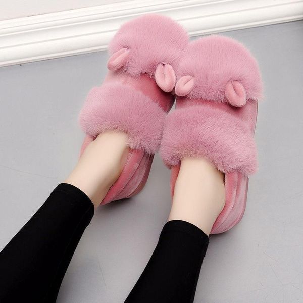

living room soft comfortable bedroom shoes slide home warm plush cute indoor slippers women with fur, Black