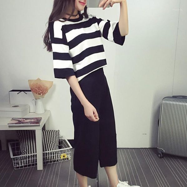 

summer two piece set women's fashion casual striped t-shirt + loose nine wide leg pants tide conjunto feminino w3 tracksuits, Gray