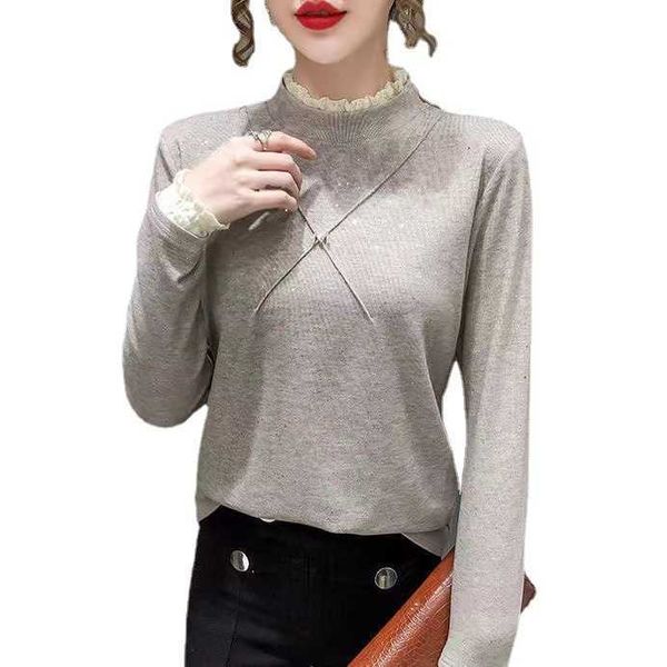 

women's sweaters exquisite and sweet lace stitching ground wool bottoming shirt women's wear medium high collar foreign style with, White;black