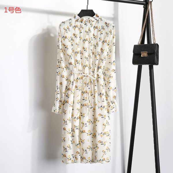 

casual dresses fashion women flower chiffon dress autumn elegant floral print party loose waist ruffles neck long sleeve pleated, Black;gray