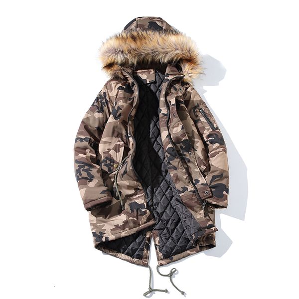

men's leather & faux fashion fur collar winter jacket camouflage military velvet thick parka long trench coat outwear windbreaker, Black