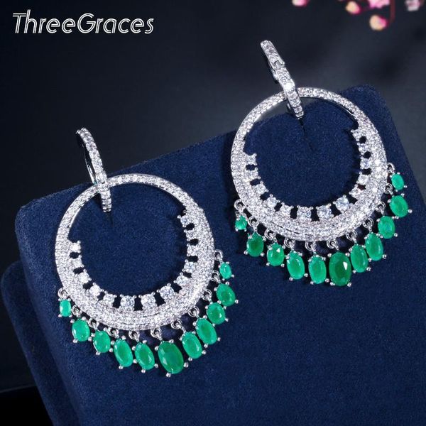 

hoop & huggie threegraces boho style green cz crystal silver color big hollow circle round earrings for women party jewelry er547, Golden;silver