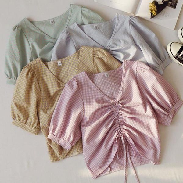 

women's blouses & shirts 2021 women puff sleeve drawstring small plaid v-neck shirt korean chic ladies smock ruched short femininas, White