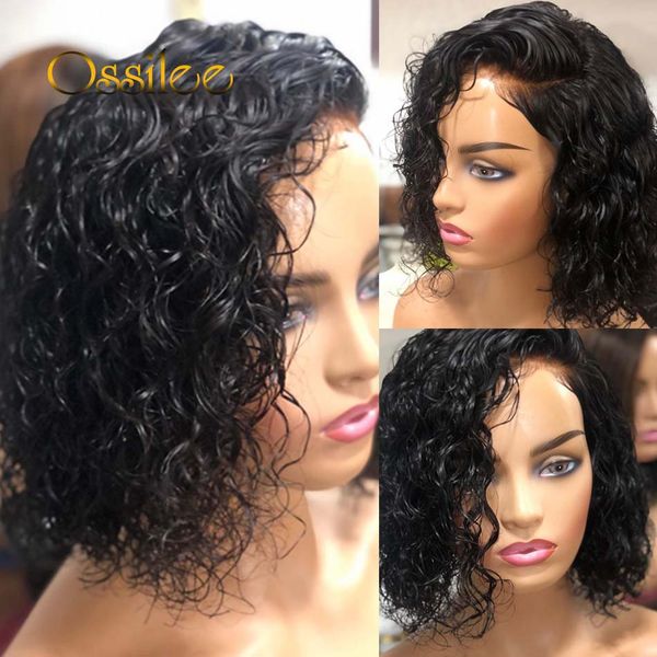 

2021short curly bob wig water wave closure wig brazilian curly human hair bob wigs wet and wavy lace front wigs ossilee 180% densityfactory, Black