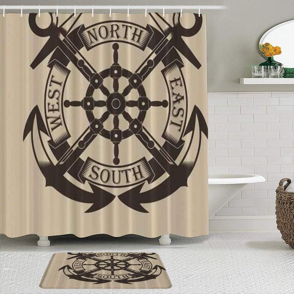 

fabric shower curtain and mats set,color anchor helm banner fall,waterproof bath curtains with 12 hooks,non slip rugs