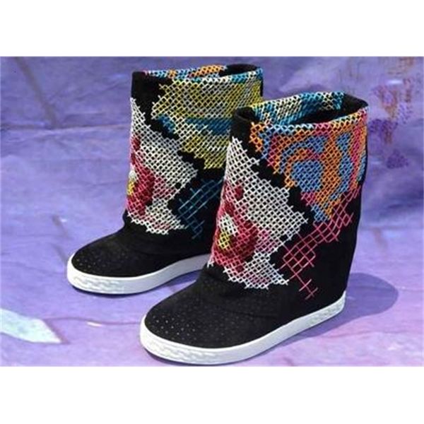 

boots women wrinkle foot round white/black/nude/blue colored cross point 8 at crescent height wedge jump mid-calf short 2hsy