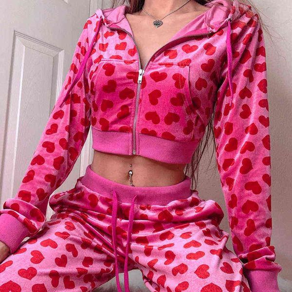 

vintage fashion heart printed pink hoodies women zipper up cropped sweatshirt autumn winter jacket basic 2 piece set women 211108, Black