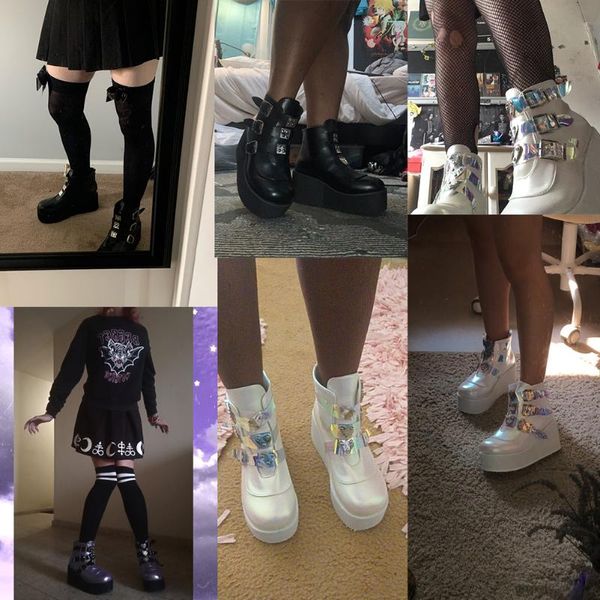 

drop ins brand high platform ankle boots women 2021 fashion pvc strap decorating wedges shoes woman, Black