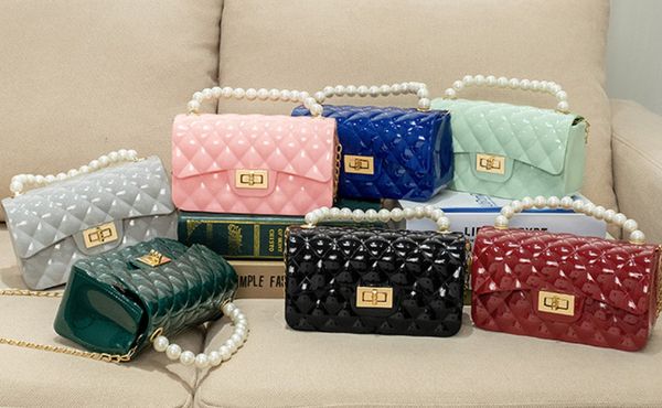 Mini PVC Jelly Handtasche für Frauen Mode Elegante Schulter Messenger Tragbare Kette Tasche Mädchen Perle Lingge Kleine Quadratische Tasche