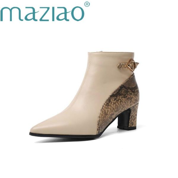 

boots mixed colors ankle women square med heel zipper pointed toe autumn winter ladies shoes 2021 maziao, Black