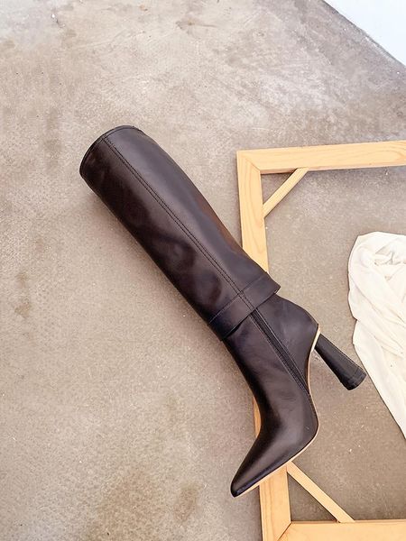 

boots women's knee high pointed toe genuine leather heels black brown shoes b221