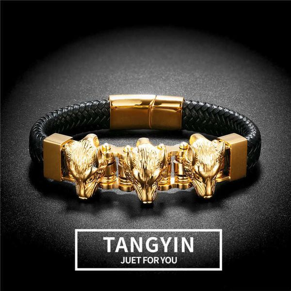 

tangyin punk style men's bracelet black wide leather 3 gold wolf head stainless steel bracelet street trend fashion jewelry 210910, Golden;silver