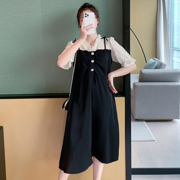 

6639# summer korean fashion lace patchwork maternity party dress elegant a line slim clothes for pregnant women cute pregnancy dresses, White