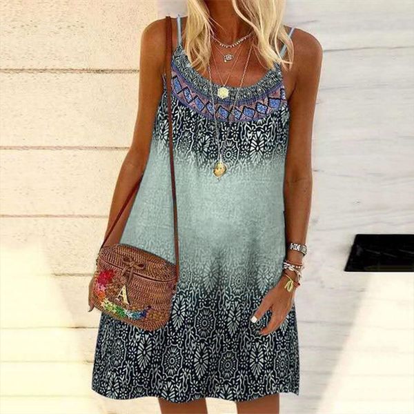 

bohemian vintage printed strap women dresses holiday sundress casual loose sleeveless vestidos mini party dress, Black;gray
