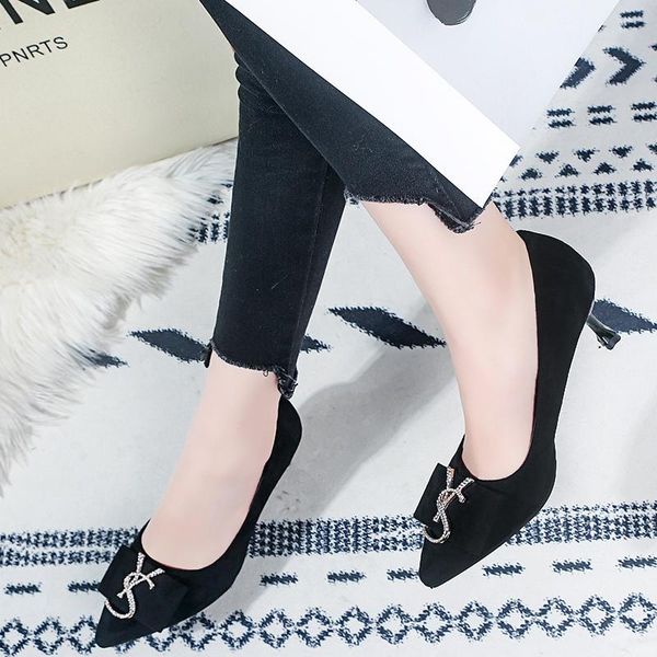 

dress shoes ladies high heels 2021 flock leather stiletto pumps women for wedding pointed toe, Black