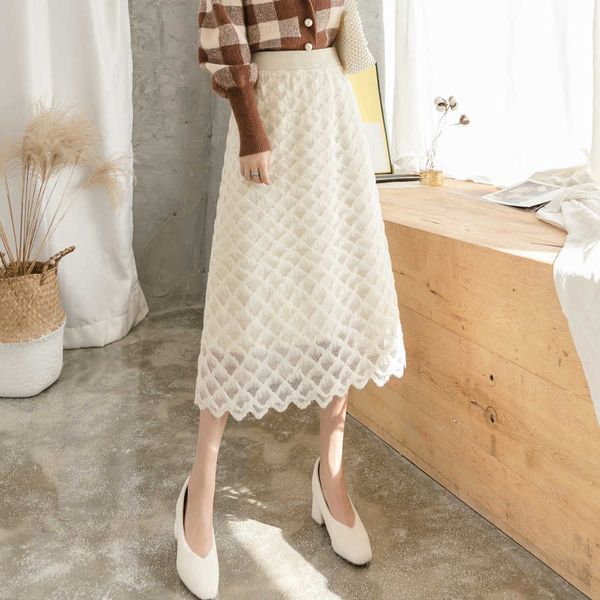 

skirts elastic waist long midi women a-line spring lace elegant jacquard knitted vintage office lady z110 c0oc, Black