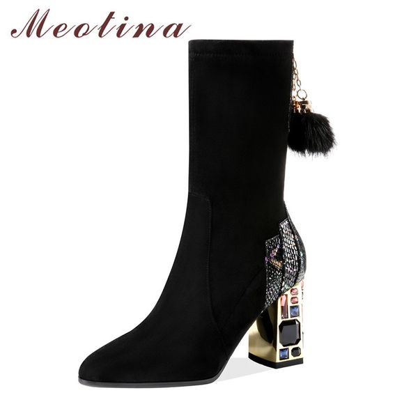 Meotina Echtes Leder High Heel Mid Calf Stiefel Frauen Schuhe Spitz Kristall Block Heels Zip Kuh Wildleder Dame Stiefel Herbst winter 210520