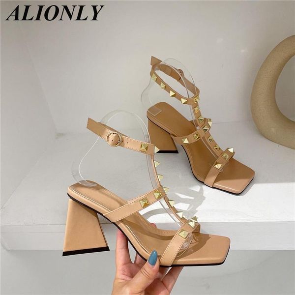 

sandals alionly gladiator for women 2021 summer rivet designer slides shoes square toe ankle buckle strap strange high heels, Black