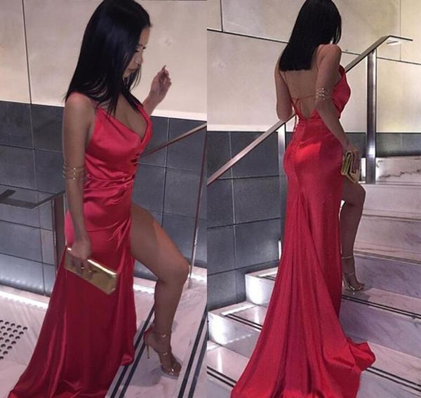 

2021 african backless red high split evening party dresses sheath v neck plain simple satin long prom gowns custom made, Black;red