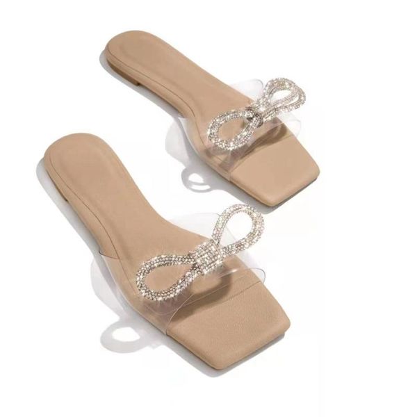 

retro classic slippers 2021 summer fashion roman rhinestone bowknot solid color flat outdoor large size women, Black