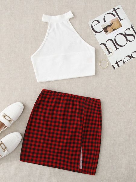 

crop halter & gingham skirt set 43el#, White