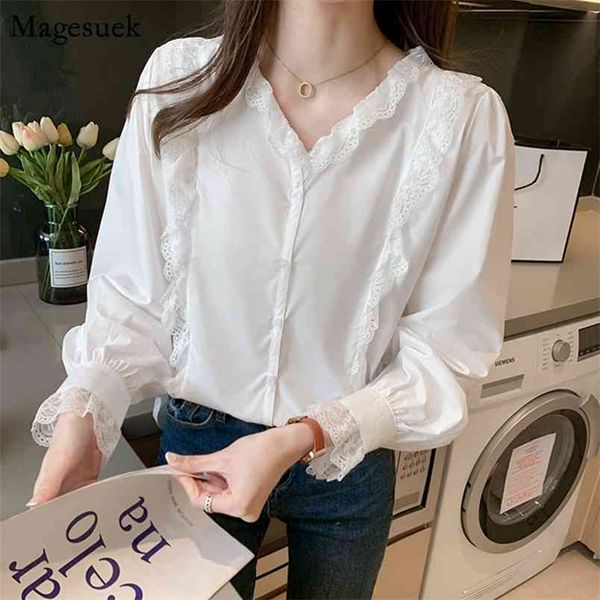

long sleeve chiffon shirt blouses women casual spring v-neck white blouse femme button office laday lace shirts 13113 210512
