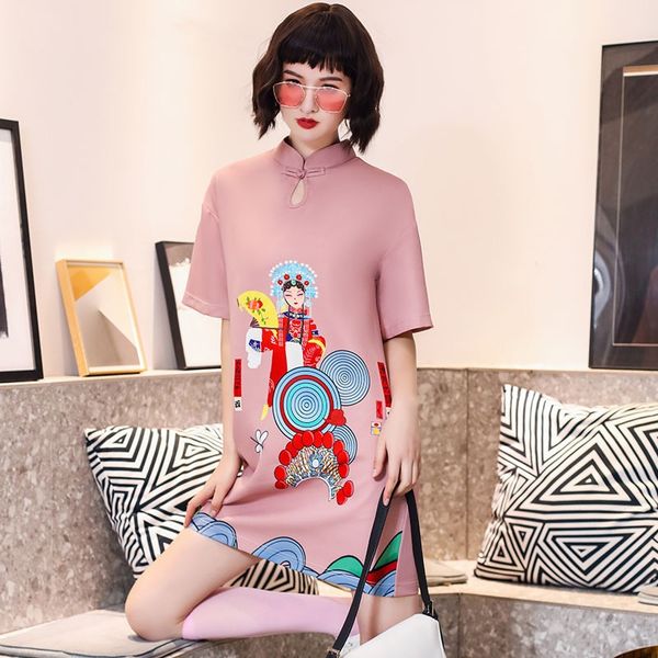 

2021 summer new chinese traditional cheongsam sweet girl print mini dresses loose fashion womens clothes plus size qipao 10275, Red
