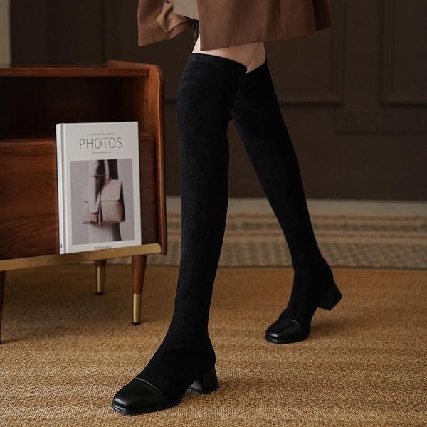 

boots square toe thick heel flock microfiber stitching stretch cloth over-the-knee socks shoes color-blocking women's, Black