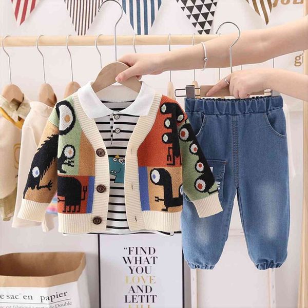 

children cotton baby boys clothes autumn cartoon v neck suit t shirt pants 3pcs sets infant out kids toddler casual, White