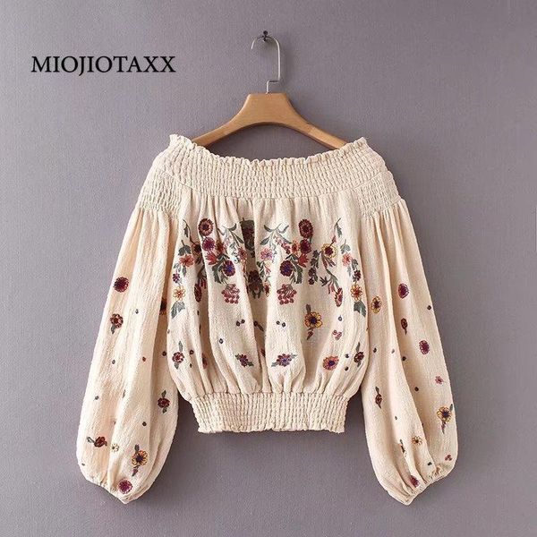 

women's blouses & shirts miojiotaxx spring autumn euro american style one line collar off shoulder embroidered bubble sleeve slim fitti, White