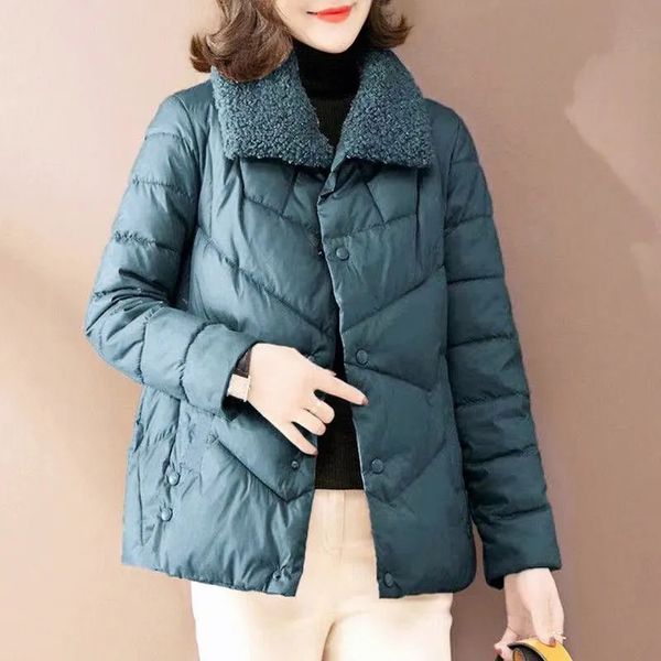 

fashion women fashion ultra light lamb parkas long sleeve winter parkas plus size 4xl short outwear korean turn down collar jac, Black