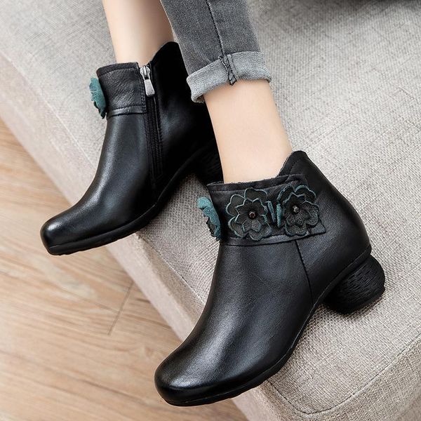 

boots heel cowhide round head ankle leather women's thick high short in1, Black