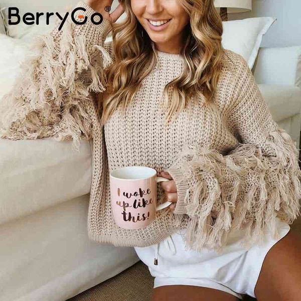 

berrygo o neck winter sweater women army green long sleeve tassel casual pullover autumn street pull femme outerwear jumper 210513, White;black