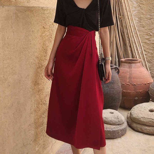 

skirts red minimalist skirt for women high waist ruched midi solid skirts female fashion clothing 2021 spring tide, Black