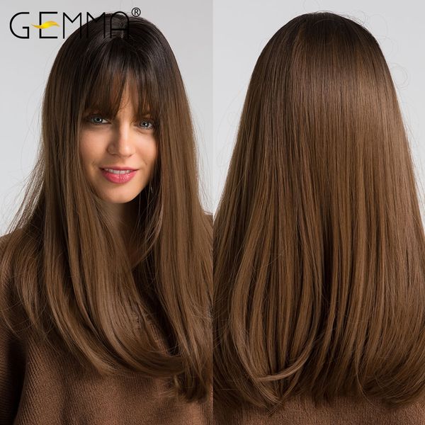 

long straight synthetic hair wigs for black women natural ombre black brown cosplay daily heat resistant wig with bangs
