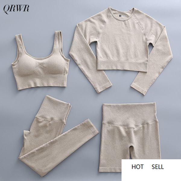 

2/4pcs set women's sportswear seamless yoga set fitness long sleeve crop sport bra high waist leggings sport sports suits, White;red