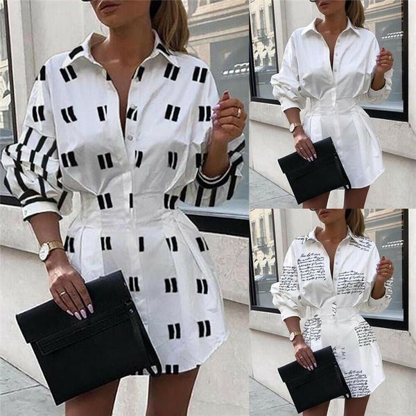 

fashion women letter print long sleeve ladies shirts dress loose lantern sleeves mini spring autumn beach casual dresses, Black;gray