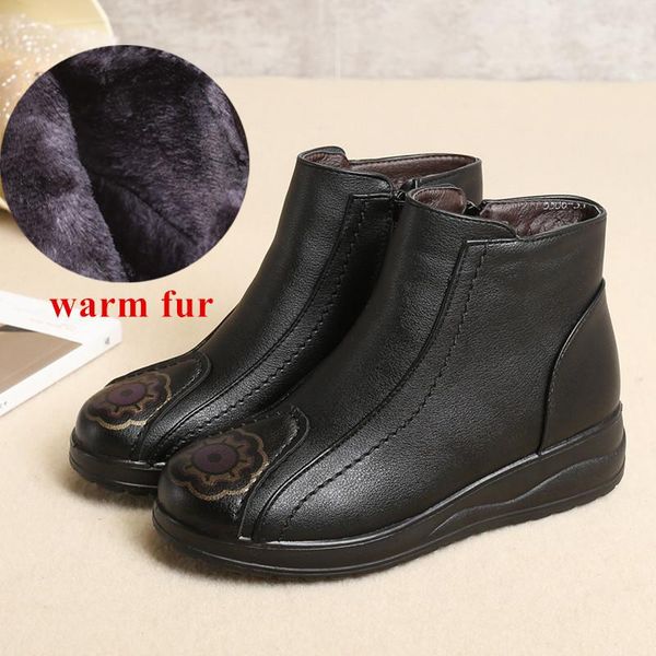

boots 2021 floral print leather ankle soft plush footwear women winter wedges shoes outdoor warm fur female short, Black