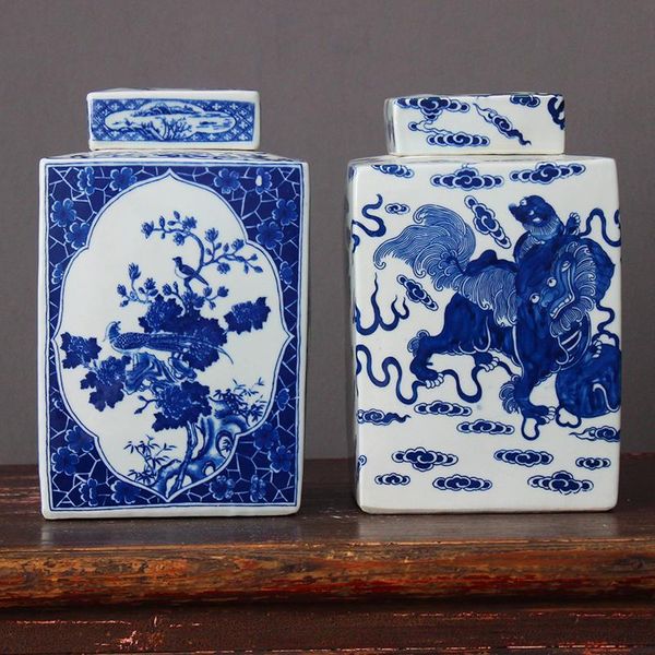 

jingdezhen blue and white porcelain square jar kylin ceramic ornament can storage study antique shelf decoration vases