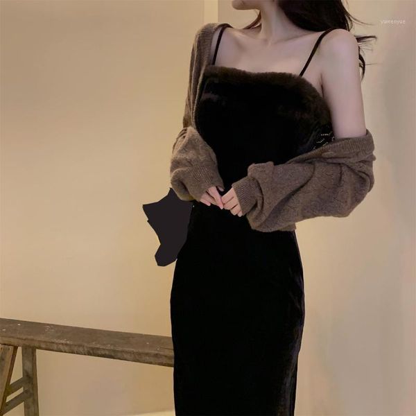

women dresses elegant 2021 gold velvet dress autumn winter slim one-word neck suspender split mid-lengthdress casual, Black;gray