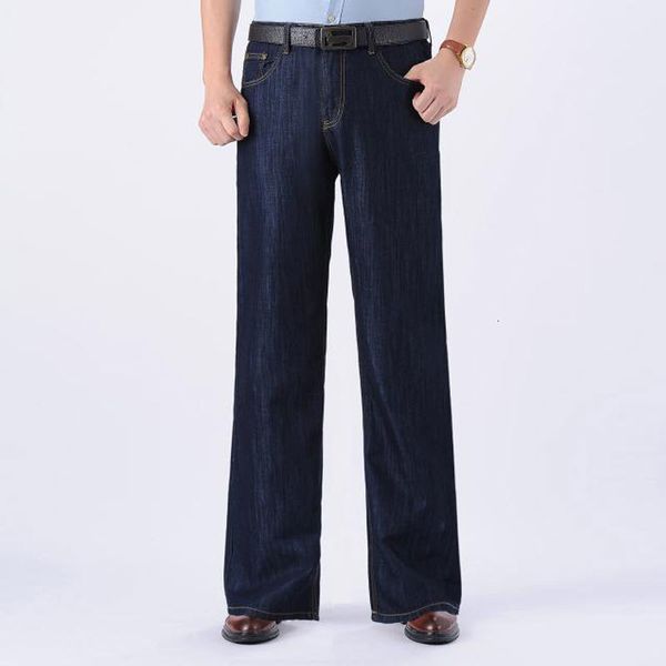 

men's wide-leg loose-fit flared straight jeans slim pants, Blue