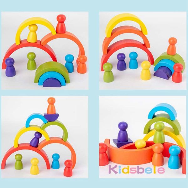 

12pcs Rainbow arched building block villain combination childrens wooden educational toy 6 rainbow blocks 6 small wooden people