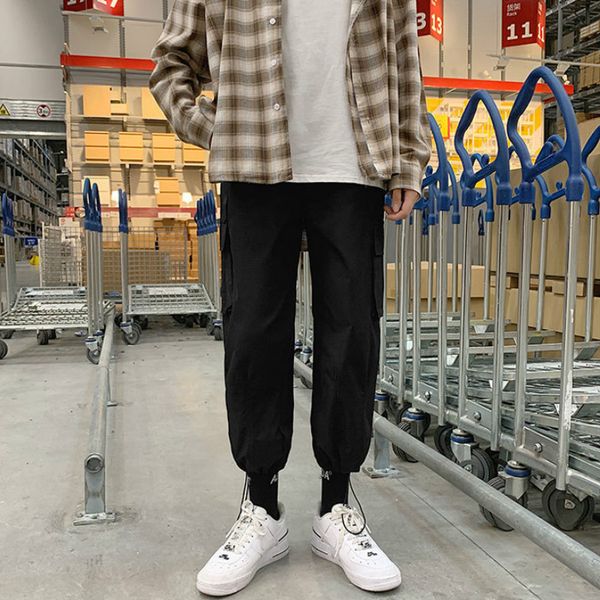 

men casual pants plus size 3xl solid straight pocket trousers male loose drawstraing retro ins ulzzang elastic waist streetwear, Black