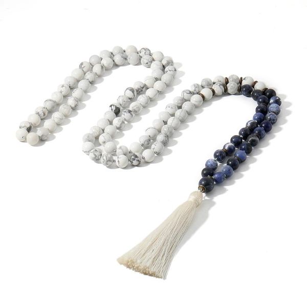 

pendant necklaces shinus boho european and american white pine blue pattern natural stone necklace bohemia handmade knotted long tassel jewe, Silver