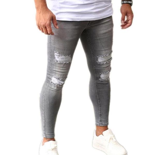 

men's pants ripped holes ankle-length jeans slim fit trousers gray, Black