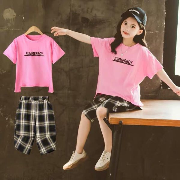 

clothing sets 2021 summer girls clothes outfits baby kids short sleeve t shirt + plaid pants children suits 5 6 8 9 10 11 12 13 years, White